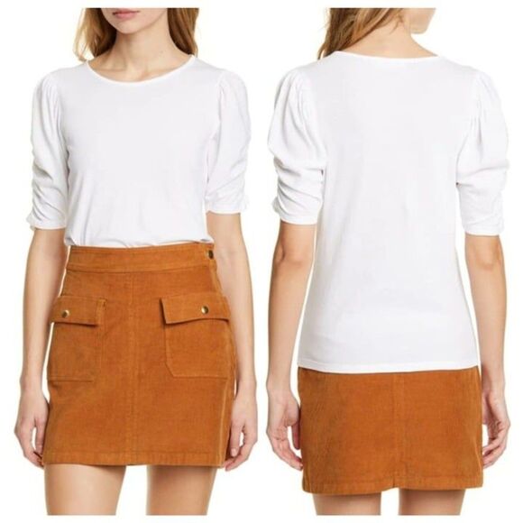 Frame Size L Ruched Sleeve Top Half Sleeve Cotton Blanc White - Picture 1 of 12